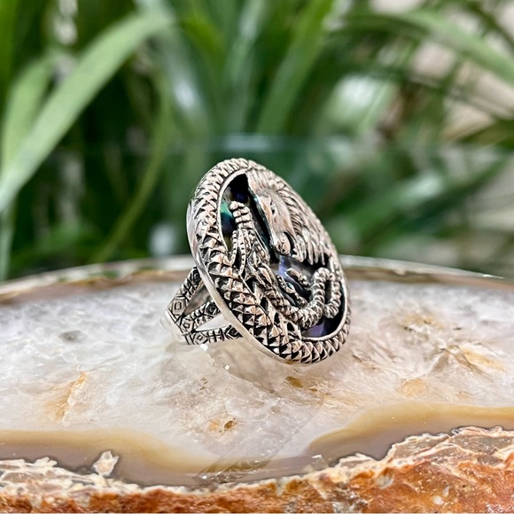 🐉 Abalone Shell Dragon and Lion Ring 🦁 in Sterling Silver Sz.7 - Picture 4 of 14